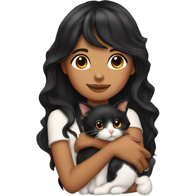 TAN SKIN GIRL with long black wavy hair and bangs HUGGING HER CALICO CAT  emoji