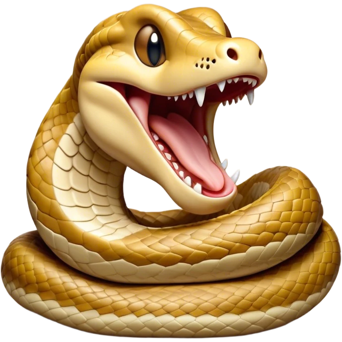 Cinematic Cute Yawning Python Portrait Emoji, Head tilted slightly with a dramatic, wide-open yawn, showcasing a sinuous, scaled form with drowsy, half-closed eyes and an open, relaxed mouth, Simplified yet irresistibly adorable features, highly detailed, glowing with a soft, cozy earthy glow, high shine, relaxed yet expressive, stylized with a dash of whimsical reptilian charm, soft glowing outline, capturing the essence of a drowsy yet affectionate python that appears ready to stretch out for a nap! emoji