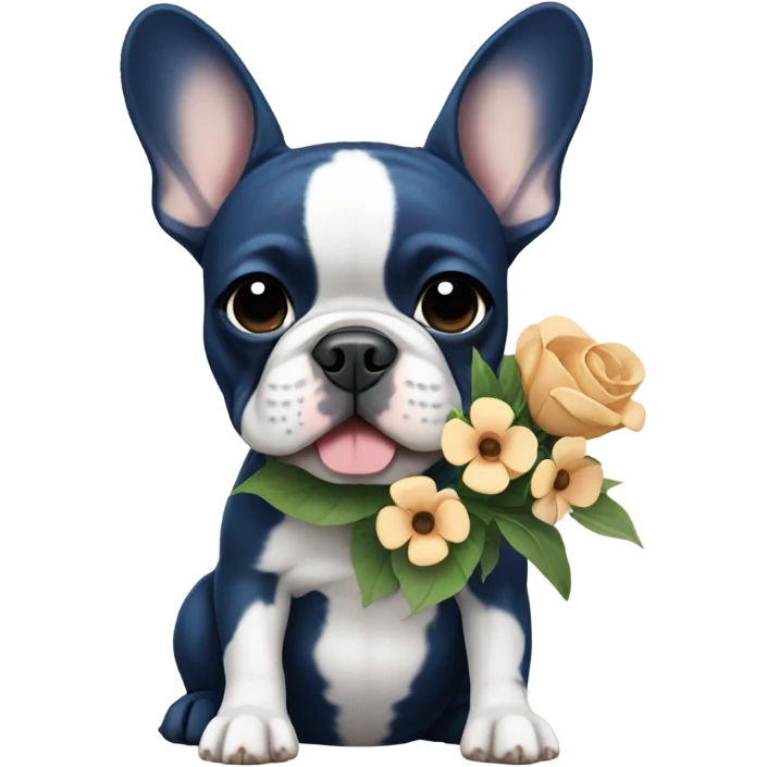 dark blue and tan french bulldog holding flowers emoji