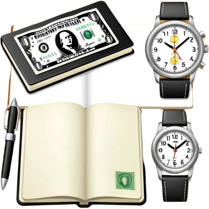Libreta, reloj y un dolar emoji