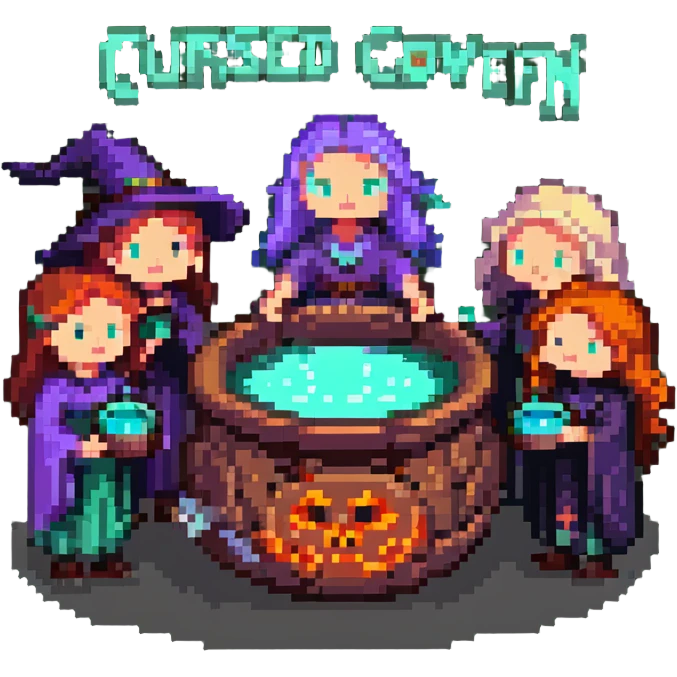 witches gathered around a glowing cauldron, eerie atmosphere, pixel art style, with the text 'Cursed Coven' emoji