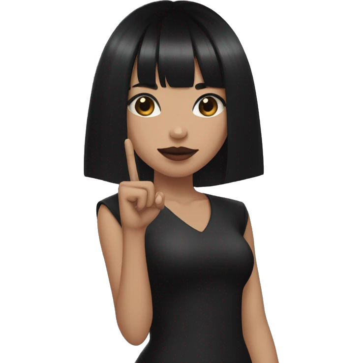 Goth girl with v shaped bangs, black hair of medium length, brown eyes, holding up a middle finger   emoji