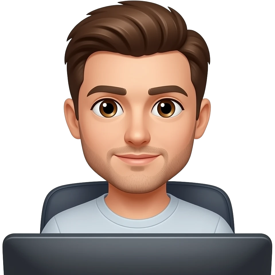 Cute guy with brown hair and brown eyes and light facial hair with hair parted to the right side at computer emoji