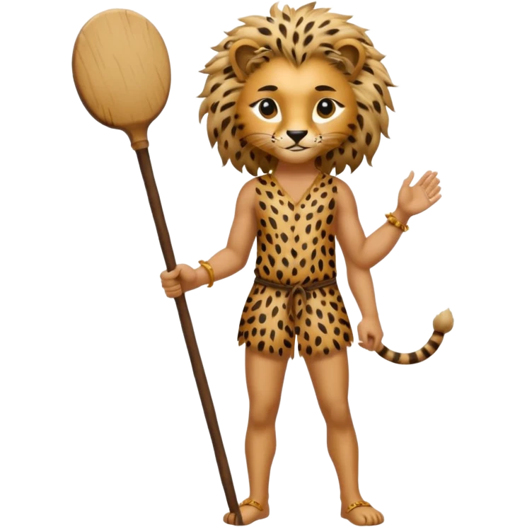 Give me a human who has hunch back and wearing cheetah print lot of hair on his body show full body and has a stick in his hand emoji