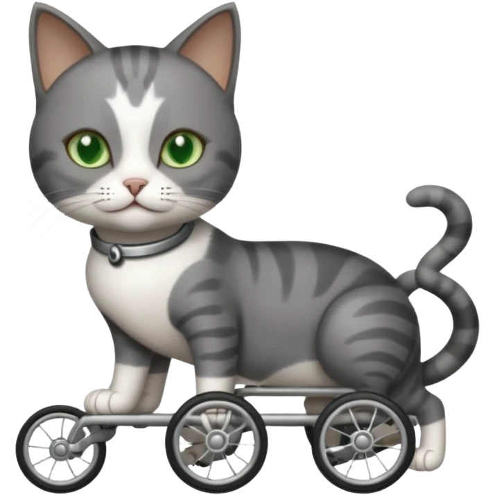 full body small short hair dark grey and white cat with green eyes walking in a wheelchair for cats emoji