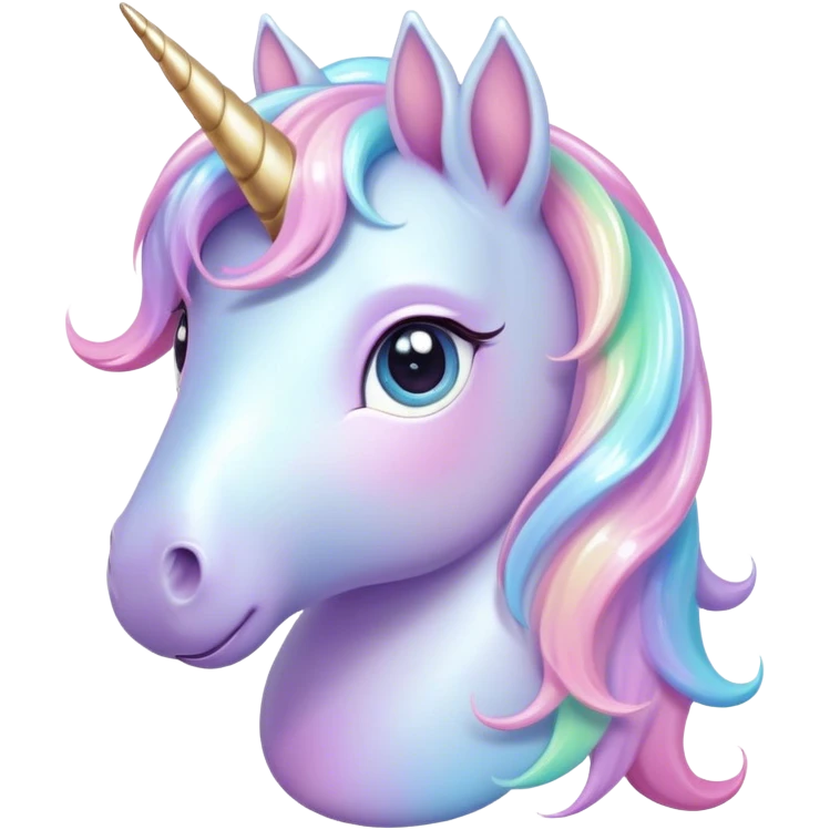 Cinematic pastel-colored unicorn, flowing iridescent mane, big sparkling eyes, tiny rounded hooves, soft chubby cheeks, delicate magical glow surrounding, enchanting and dreamy. emoji