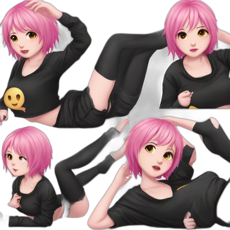 Full body Front view curvy emo girl pink hair sits on the floor straight view hands up black skirt белые трусики полосатые рваные чулки emoji