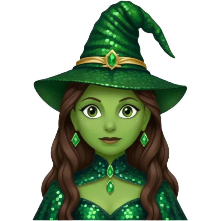 Elphaba from The Wizard of Oz with long brown hair, dark green sequin outfit, green skin emoji