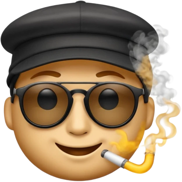 A high-res yellow face emoji with black sunglasses and a backwards black cap, smirking with half-lidded eyes and exhaling soft gray-white smoke, with detailed shading, glossy lenses, and realistic smoke wisps. emoji