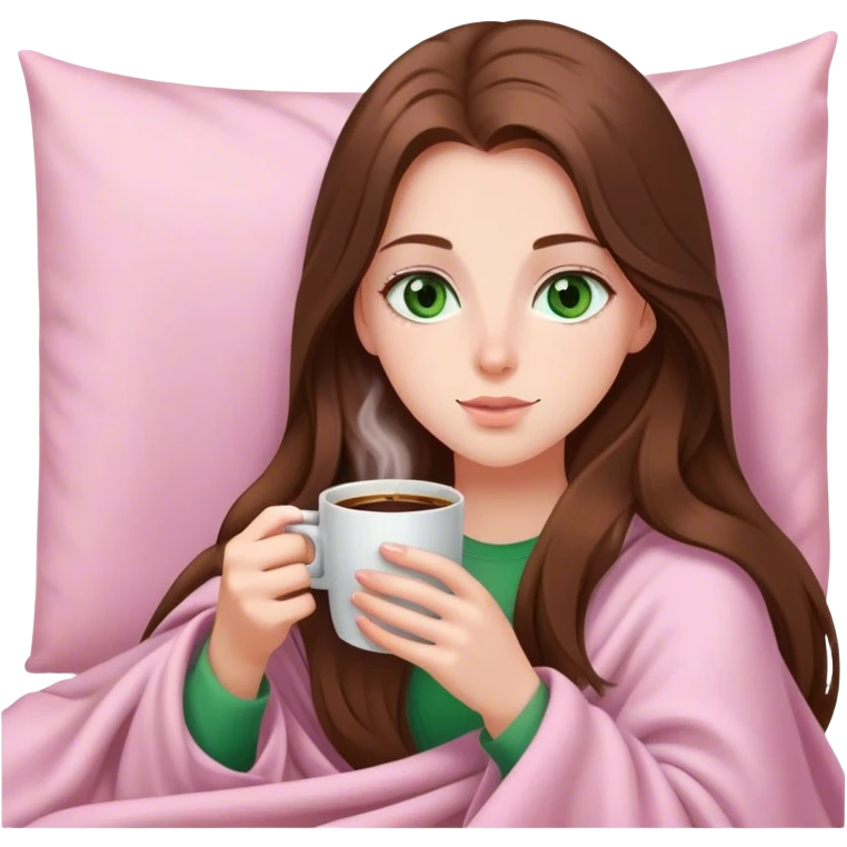 A pretty white girl with very long brown hair and green eyes in a light pink blanket sipping coffee emoji