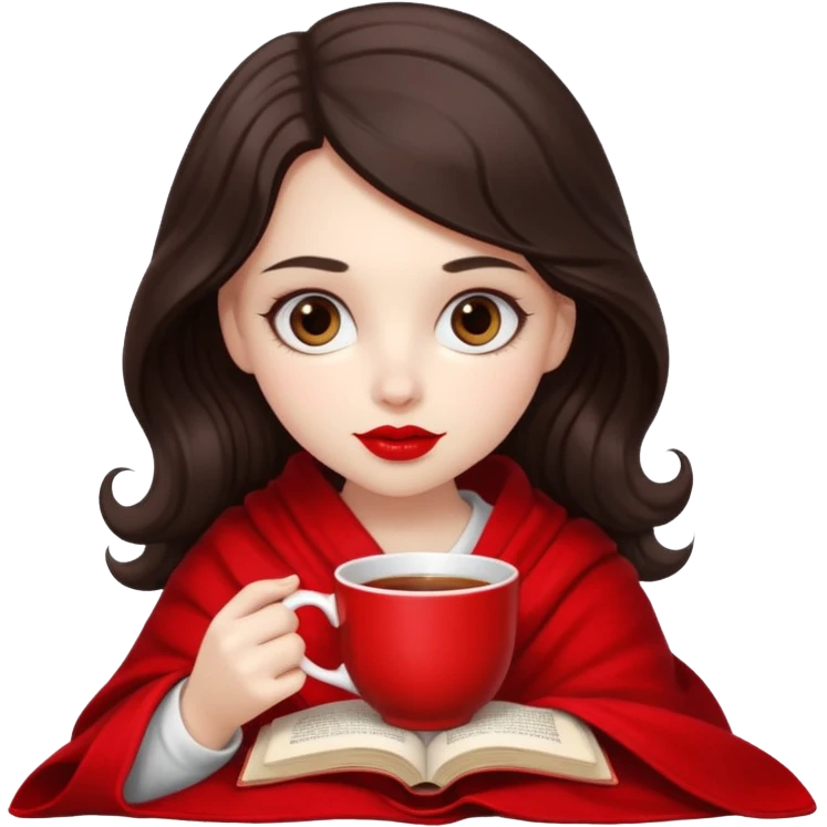 Long wavy dark brown haired, white skinned, dark big eyed girl with red lipstick wrapped in a red blanket, sipping tea and reading a book emoji