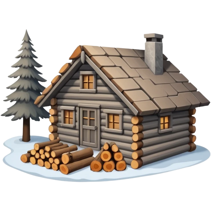 Greyish brownish winter cabin with wood logs laying outside emoji