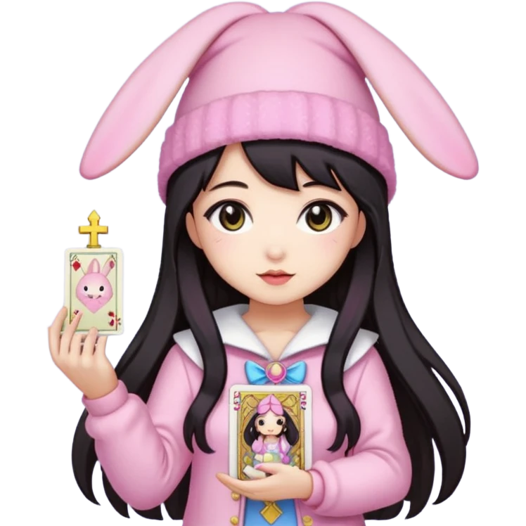 pixel art chibi asian girl with dark long hair in pink bunny hat magical girl with kawaii tarot cards thrown in air pixel emoji emoji