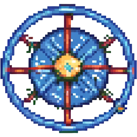 pixel art emoji atomic nucleus with orbiting electrons, cosmic starry background, cool blue and purple palette, modern flat style, optimized for small icon use emoji