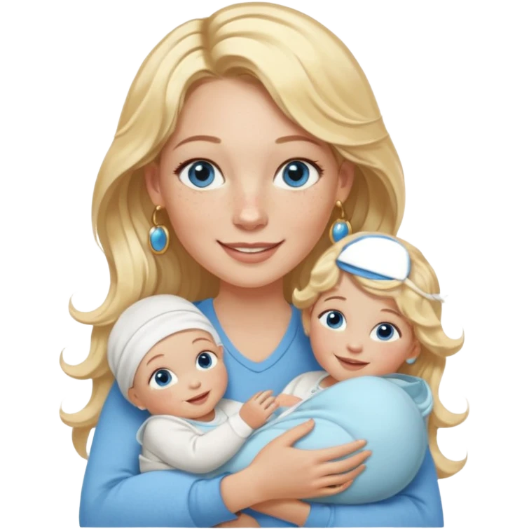 Wavy blonde, white woman with blue eyes, freckles hoop earrings, holding babies smiling and really cute in gold hoops she needs to be holding three newborns, and she needs to be more cute than pretty emoji