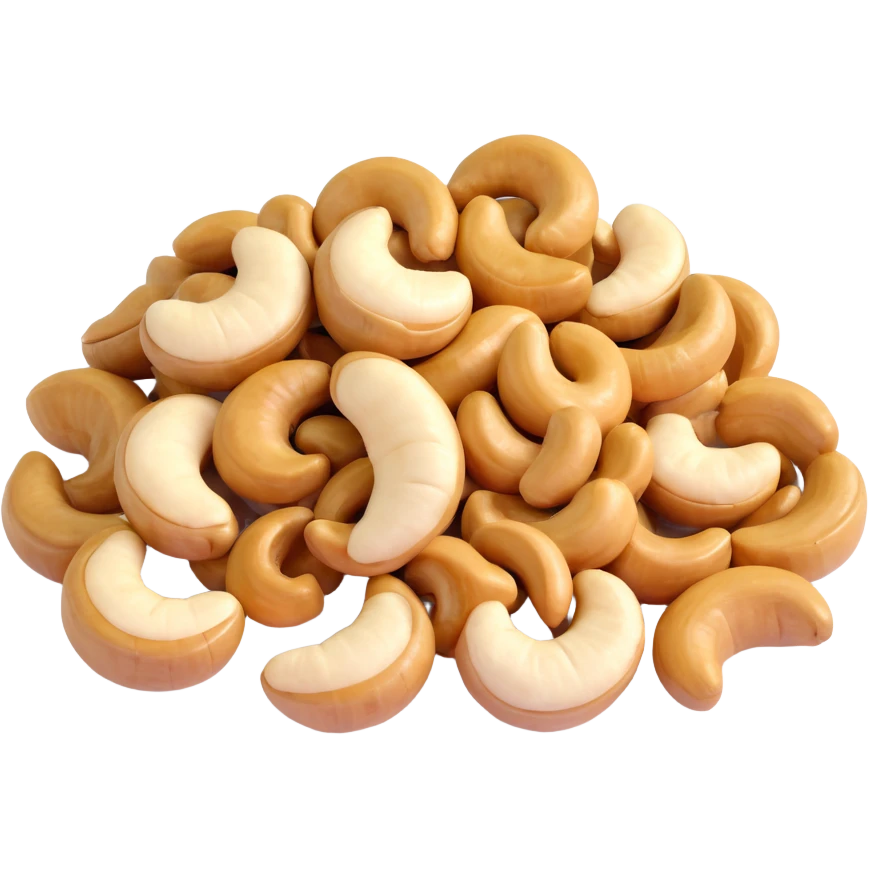 3D color illustration of small pile of glossy roasted cashew nuts, crescent-shaped, realistic texture, light tan color, grouped for detail, emoji-like 3D style, white background emoji