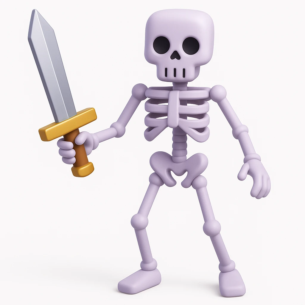 Make the Minecraft skeleton hold a sword in the 3d emoji style emoji