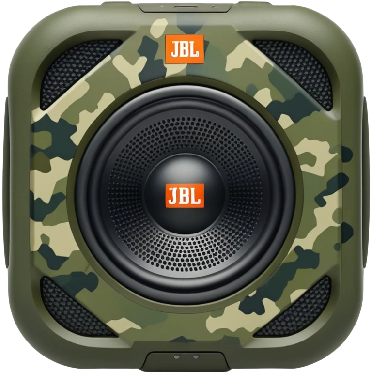 Geometric JBL Clip 4 speaker with olive green digital camouflage pattern, iOS emoji style emoji