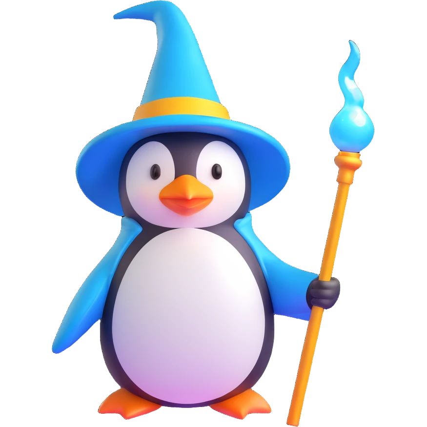 3D rendered penguin wizard with shiny hat and glowing staff, playful toy-like style emoji