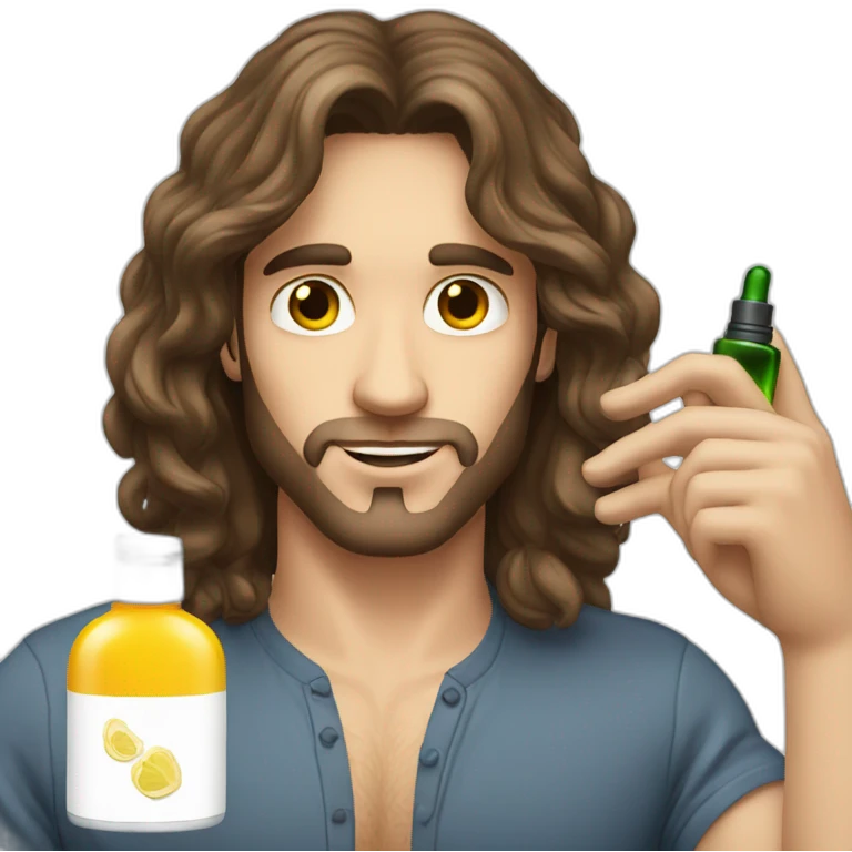 white skin men with long brunette hair with a perfum bottle emoji