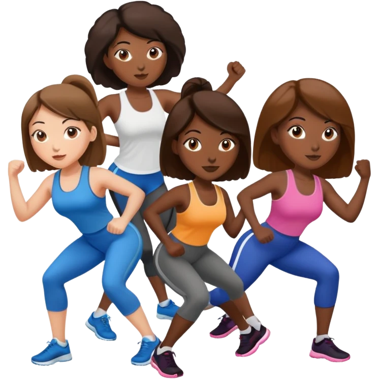 three women friends exercising together, one black woman with brown hair, two white women with brown hair emoji