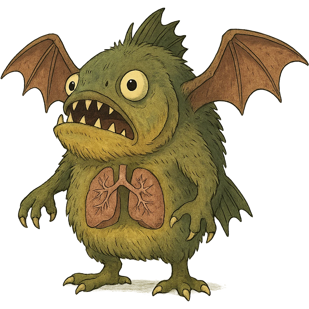 piranha with bat wings, clawed feet, furry texture, arms, chest showing lungs, ghibli style emoji