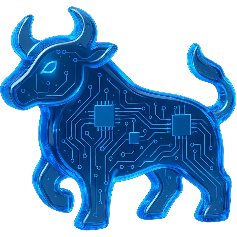 digital bull logo with blue LED glow, modern tech look, digital circuit style emoji