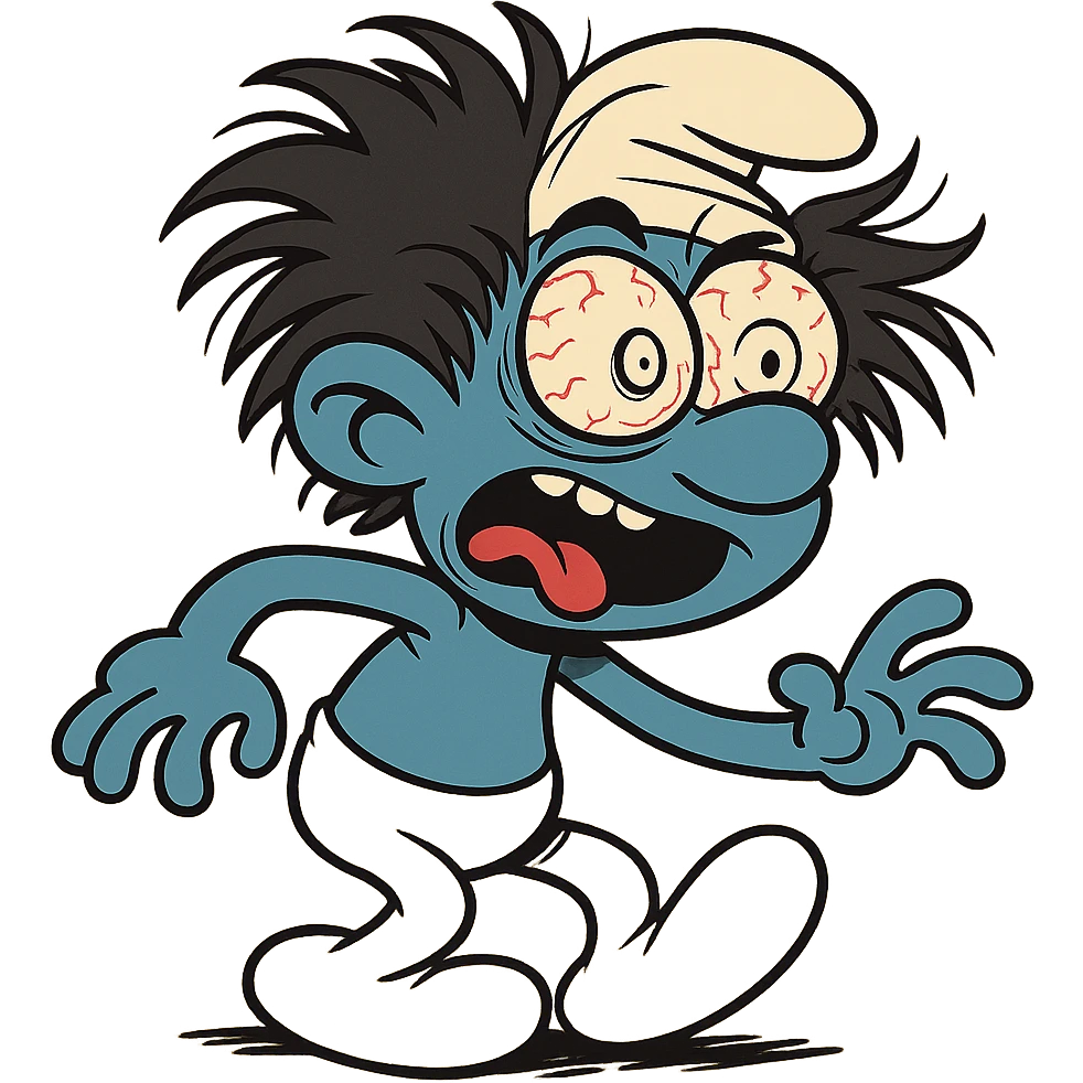 a smurf character with exaggerated, wild eyes and messy hair, looking disheveled and hyperactive, cartoon style emoji