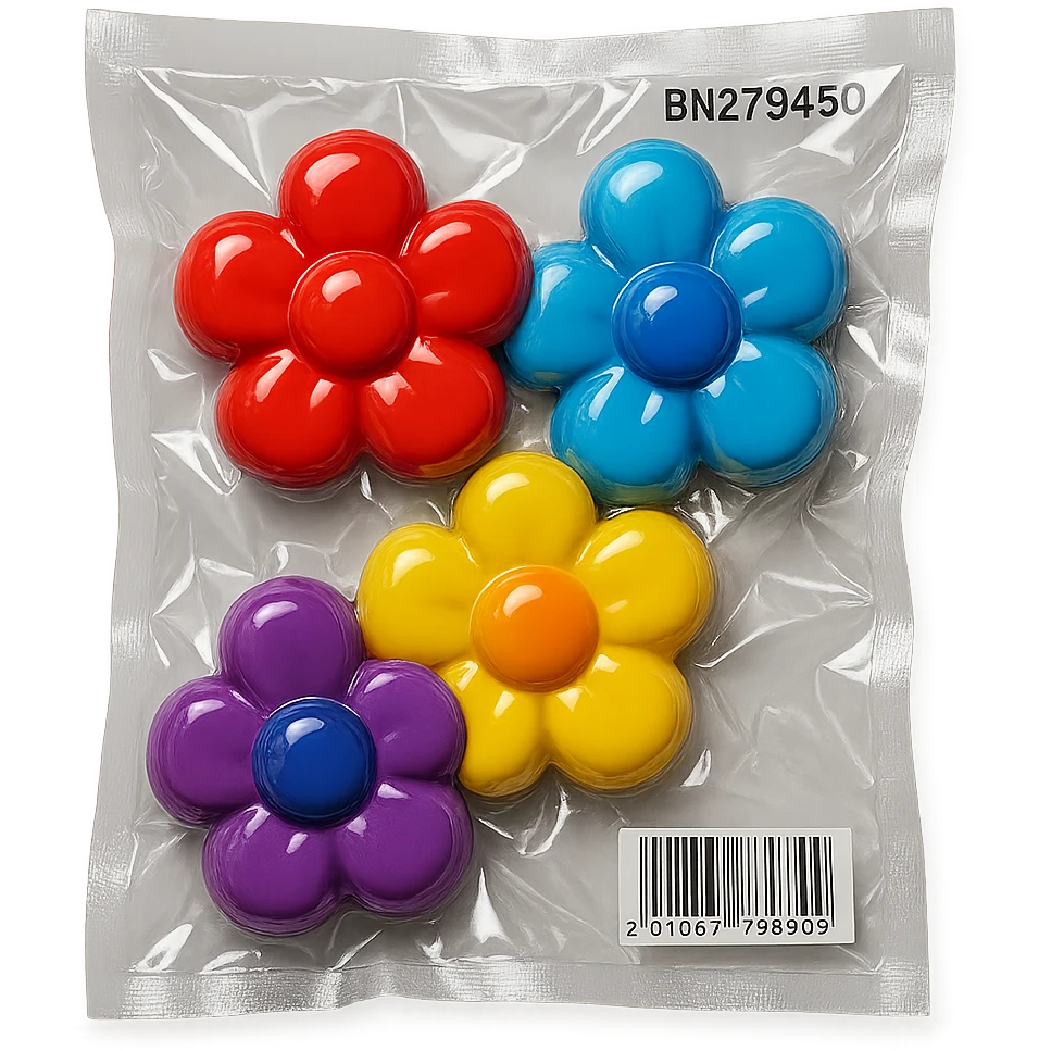 small colorful flowers, glossy and puffy, vacuum-sealed style emoji