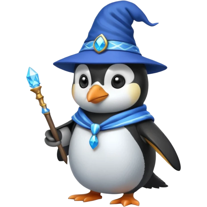 A penguin wizard with a blue hat and a magic wand emoji