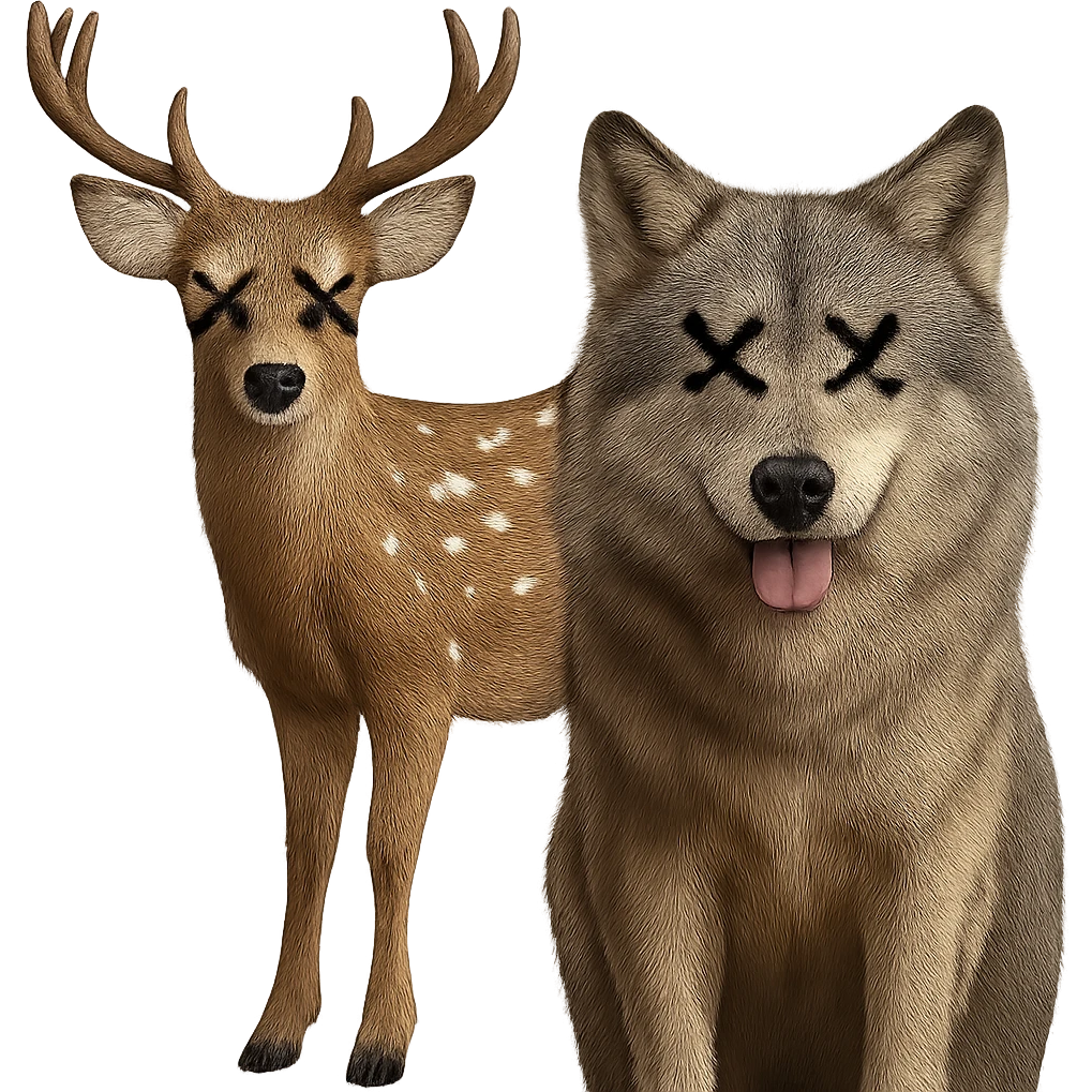 Add cartoon X's to the eyes, matching the style and position of the X's on the deer. Make sure all X's are identical and keep the background transparent. Do not change anything else. emoji