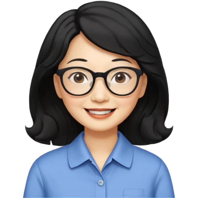 60 yr old asian woman, wavy thick black hair past shoulder length, side part, side swept bang, big smile, collared shirt, long hair, glasses emoji