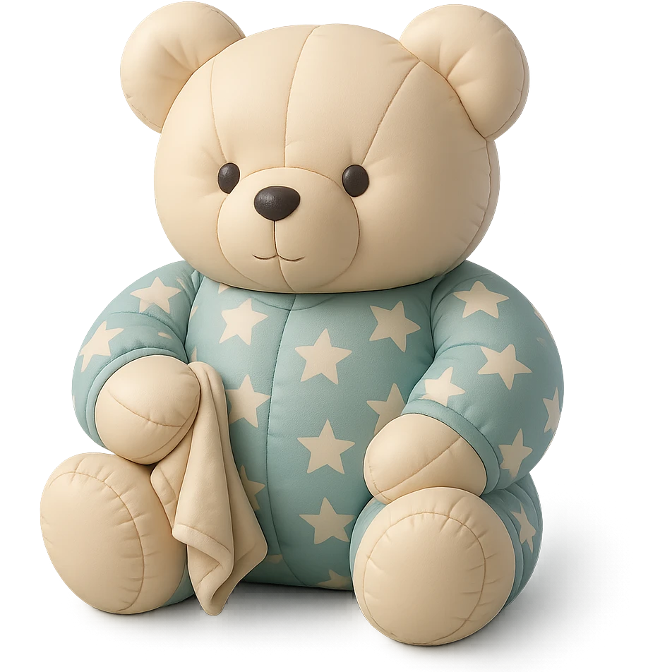 teddy bear in star-patterned pajamas holding a small blanket, cushion style emoji