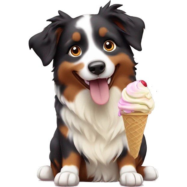 A mini Australian Shepherd  eating ice cream￼ emoji