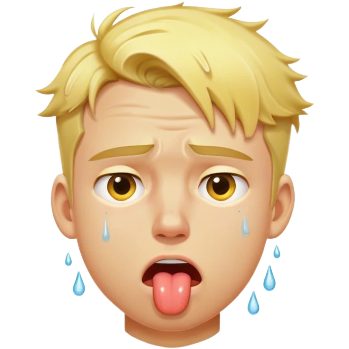 The image depicts a young man with yellow-toned skin and blond hair. His face looks extremely exhausted, with his tongue sticking out and large sweat drops running down his forehead and cheeks. His expression and posture convey intense heat and discomfort. emoji