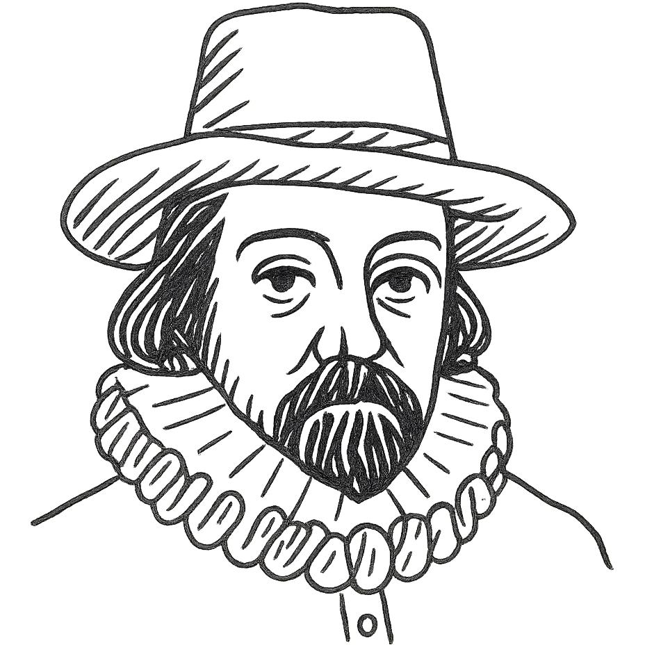 a hand drawn black outline portrait of philosopher Francis Bacon with similar-sized eyes based a famous portrait of him emoji