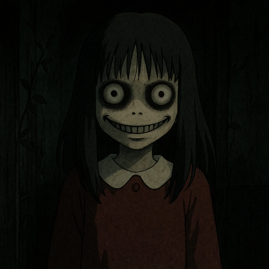 creepy girl, horror style, unsettling expression, dark atmosphere emoji