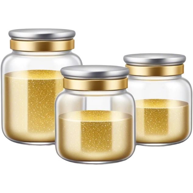 Cinematic Realistic Glitter Jars, elegant glass containers filled with ultra-fine shimmering gold and silver dust, light catching the tiny specks in a mesmerizing glow, slightly open lids revealing the rich, sparkling texture inside, set against a softly blurred background, radiating a sense of enchantment and wonder. emoji