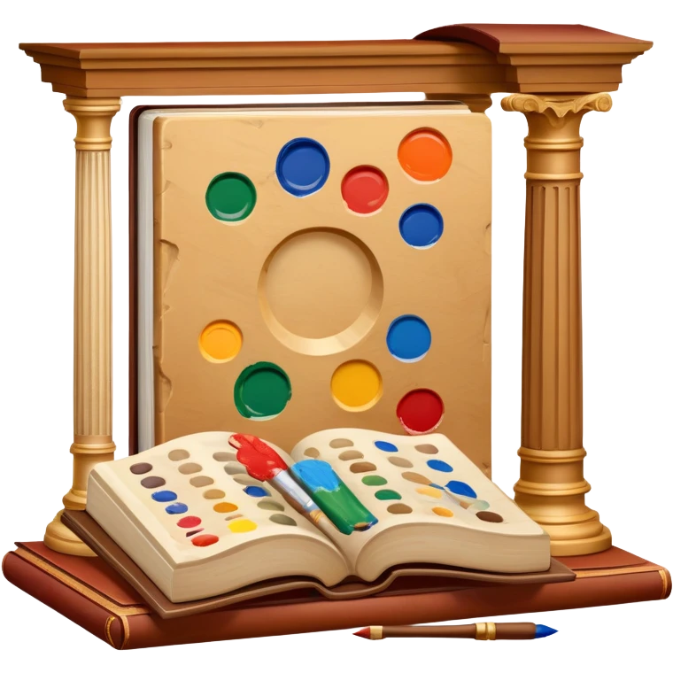 An icon featuring a paint palette, a sculpture, and a book, symbolizing the study of culture and art. The design includes a classical column and a canvas, representing art history and cultural exploration. Transparent background highlights the connection between creativity and history. emoji