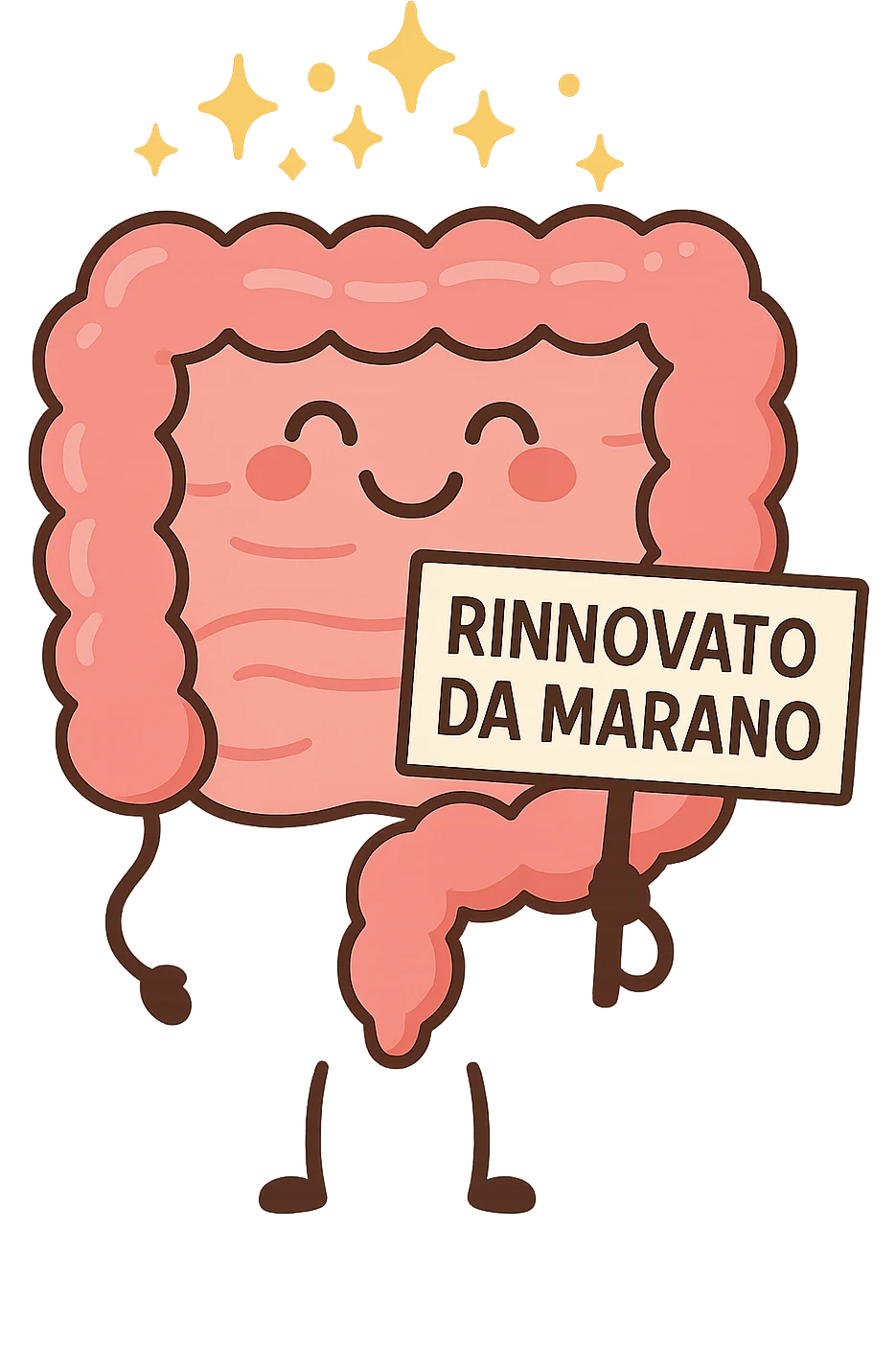 fammi un intestino identico a questo, ma felice e con le scintille di splendore dorate sopra, si sta rinnovando come se fosse in ottima salute, in mano ha un cartello con la scritta "RINNOVATO DA MARANO" emoji