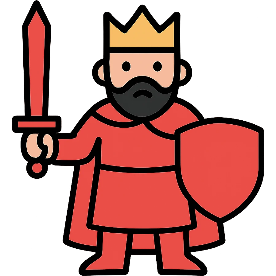 Minimalist red king with sword and shield, fantasy RPG style. Simple outlined character with crown and basic details only. emoji