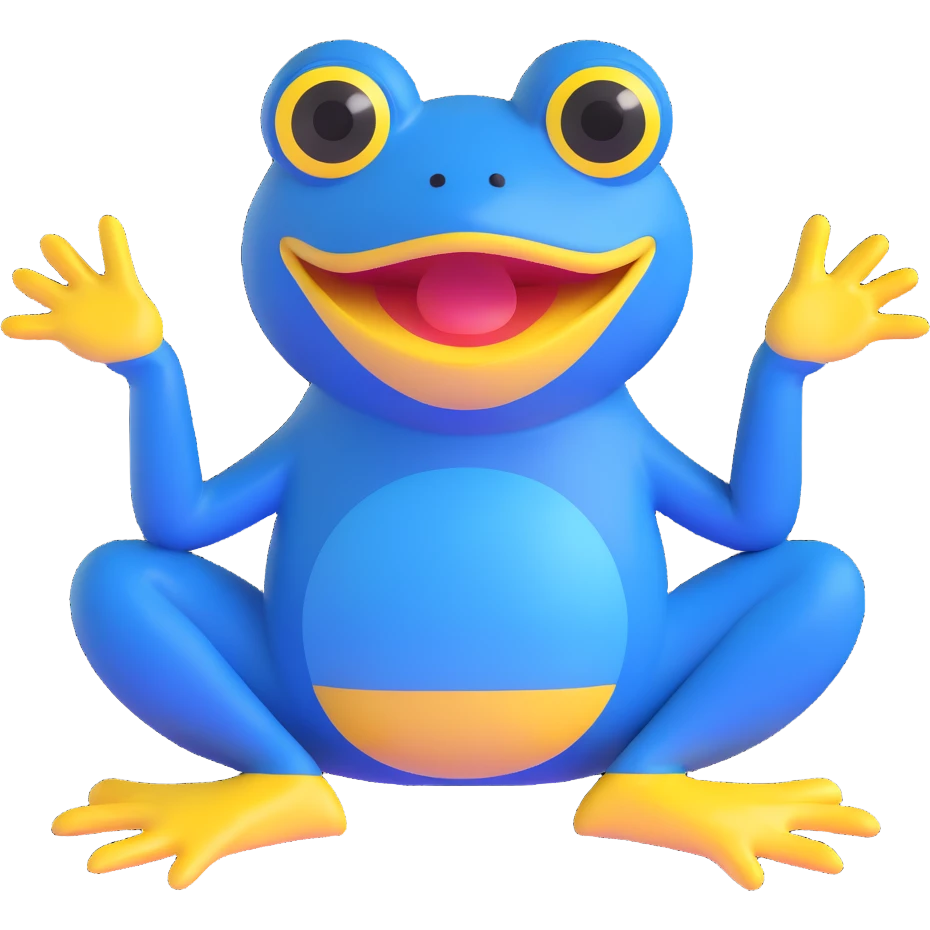 blue frog, sitting pose, exaggerated yellow mouth, wide eyes, cute and silly, appealing to children, no accessories emoji