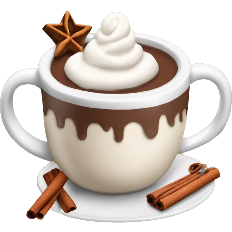 Decorated Christmas mug of hot chocolate with whipped cream and cinnamon emoji