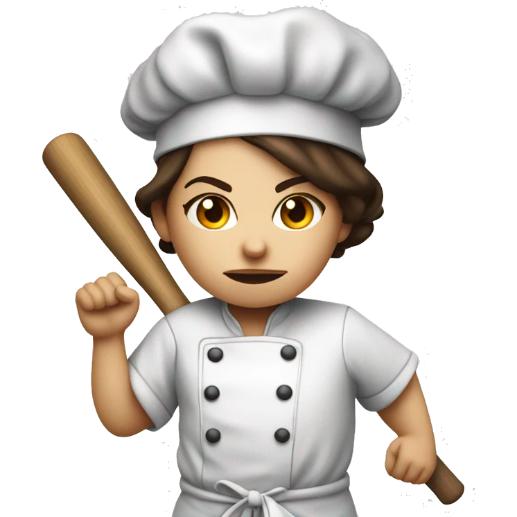 angry brunette chef in chef hat holding a baseball bat ready to swing emoji