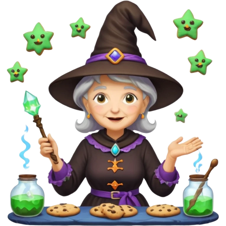Portrait of a witch-like grandma with a glowing wand, enchanted cookies flying through the air, mystical kitchen with potion bottles, emoji-style emoji