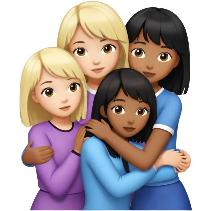 Black girl with slight wavy hair a Asian girl with blonde hair a white girl with brunette girl shoulder length hair and slightly tanned girl with black short hair and fringe all hugging emoji