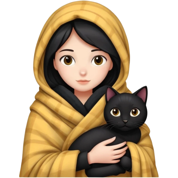 A girl wrapped in a blanket holding a black cat emoji