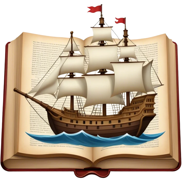Icon for Reading Fiction: a large open book with pages turning into a sailing ship, with musketeers on horseback, and Sherlock Holmes with a magnifying glass standing nearby. The icon should evoke the adventure and romance of exploring fictional worlds. Transparent background. emoji