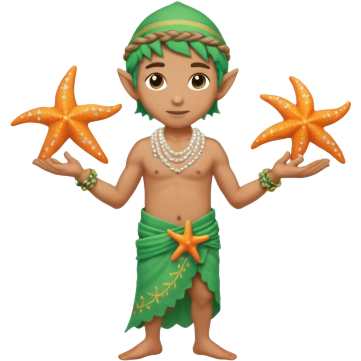 elf male Sarong with bioluminescent embroidery, armful of starfish, hair in a braid with pearl pins, pixel art style emoji