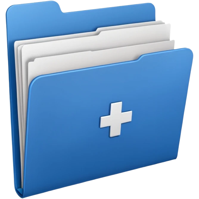 A simple emoji-style icon of a blue multipocket folder, clean and minimal, with layered inner tabs, subtle shading, and a small health/medical documents symbol on the front emoji